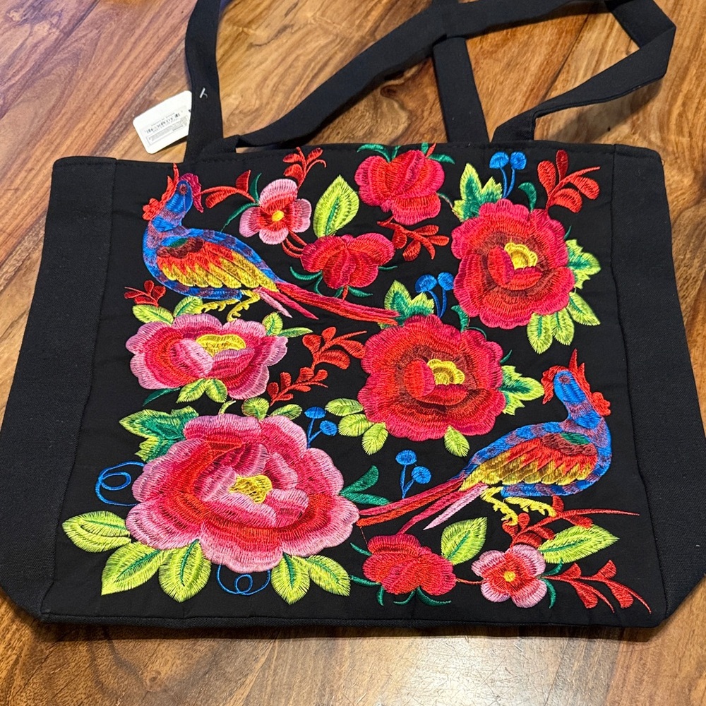 Vintage Black Tote with Multicolor Floral & Bird Embroidery